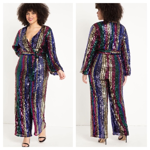 Eloquii Pants - Eloquii Plus Size Rainbow Multicolor Stripe Sequin Jumpsuit